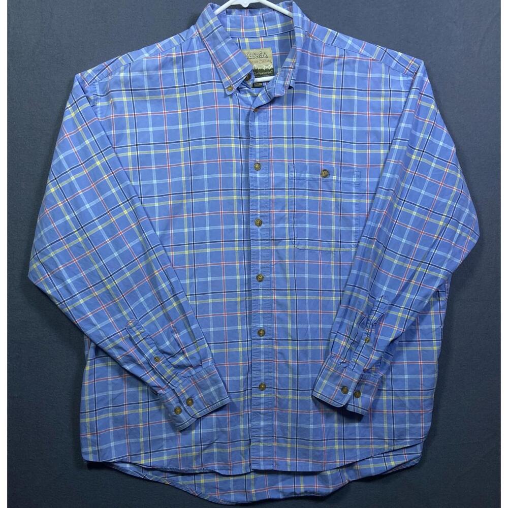 Cabela's Men's Long Sleeve Button Up Shirt Blue Plaid Shirt Big XLarge 28x31 EUC